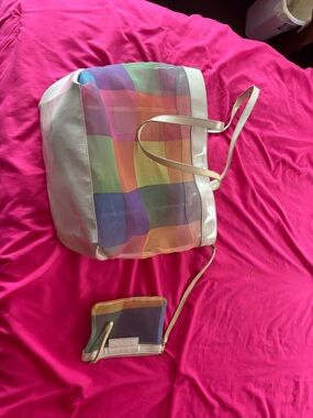 Iridescent Rainbow Check Tote Bag with Cream Trim for Beach